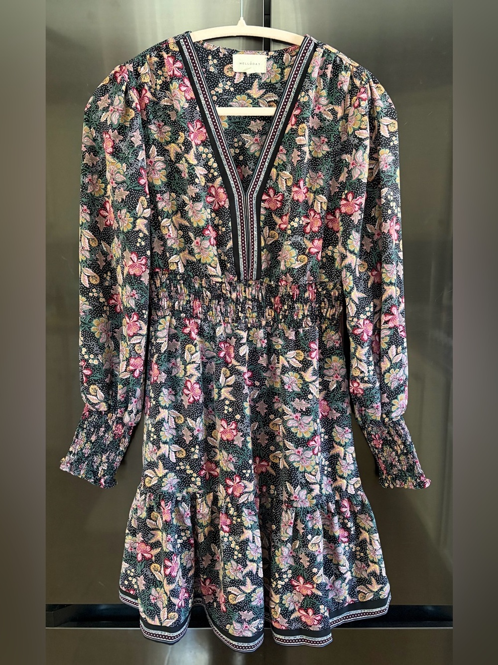 Melloday Floral Long Sleeve Mini Dress XS Boho Cottagecore Dark Romantic EUC